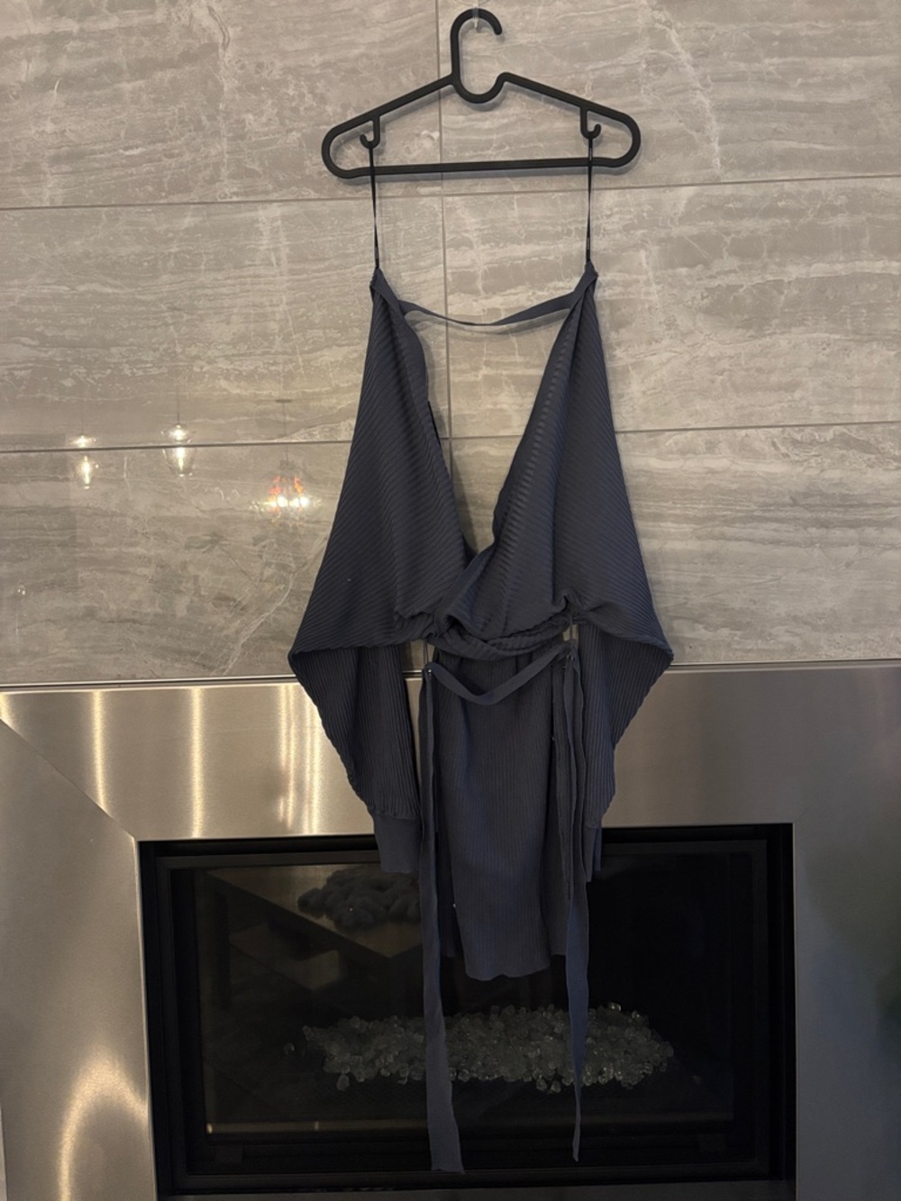 Women's Ribbed Deep V Wrap Dress in Slate Blue
